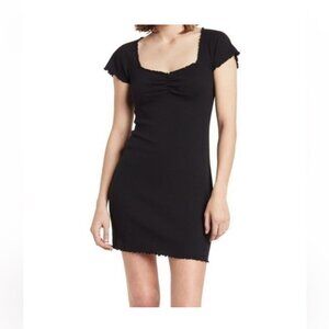 Ruched Black Mini Dress With Lettuce Hem & Cap Sleeves‎ - Casual Womens Outfit